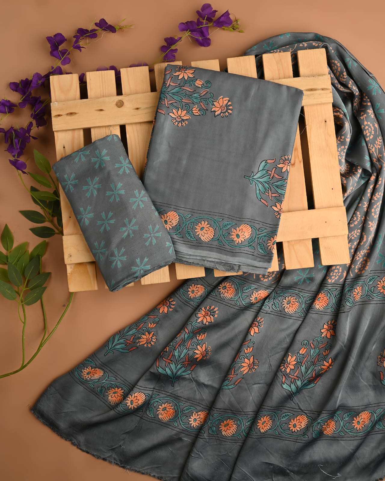 Grey Butti Cupro Modal Silk Handblock Printed Dress Material – Wholesale Indian Handblock Prints